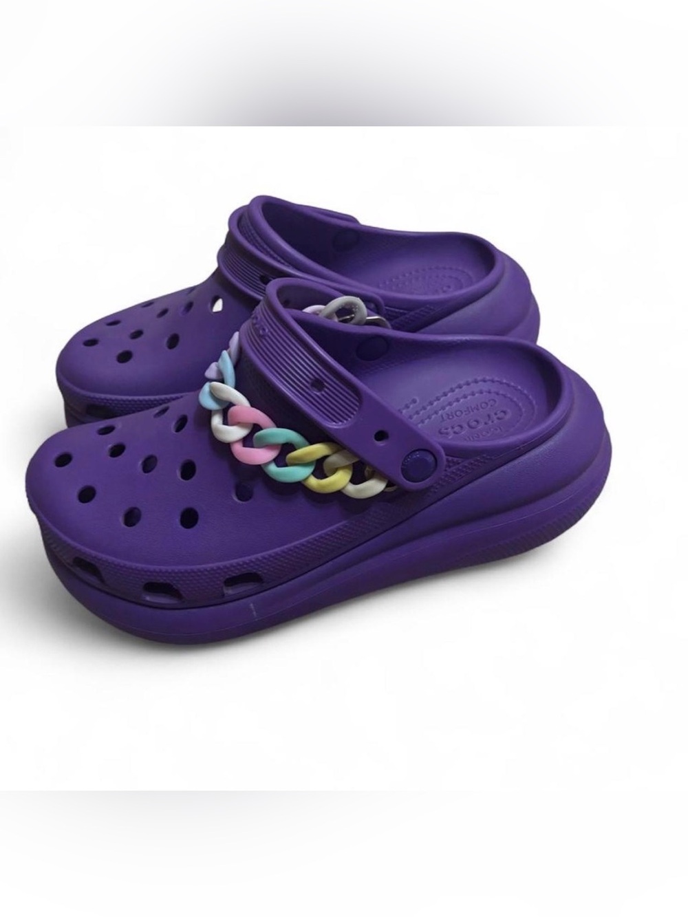 Purple 9 Crocs with multicolored chain strap